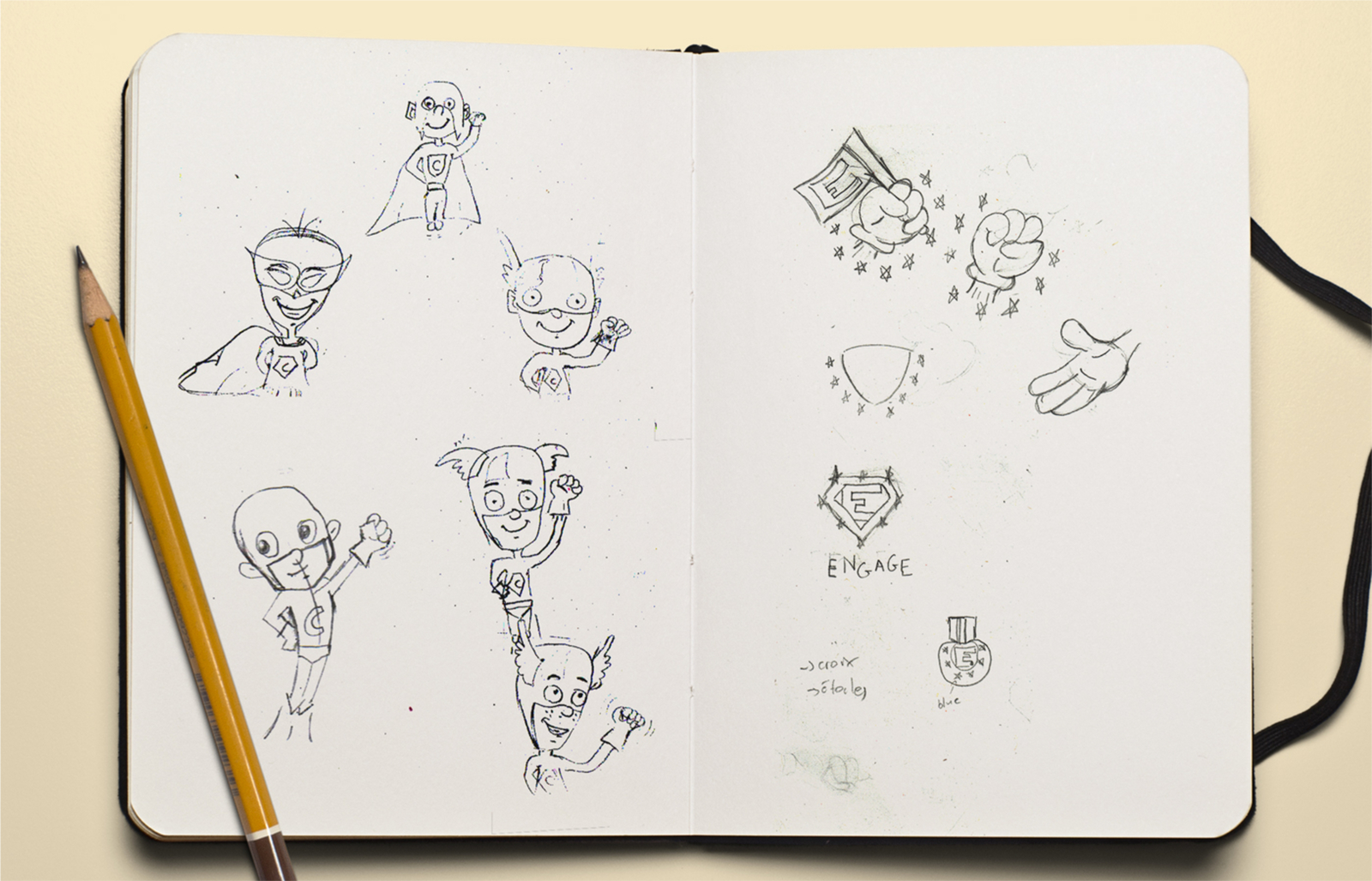 Croquis réalisés pour l'identité visuelle du projet Engage par le Studio DPE